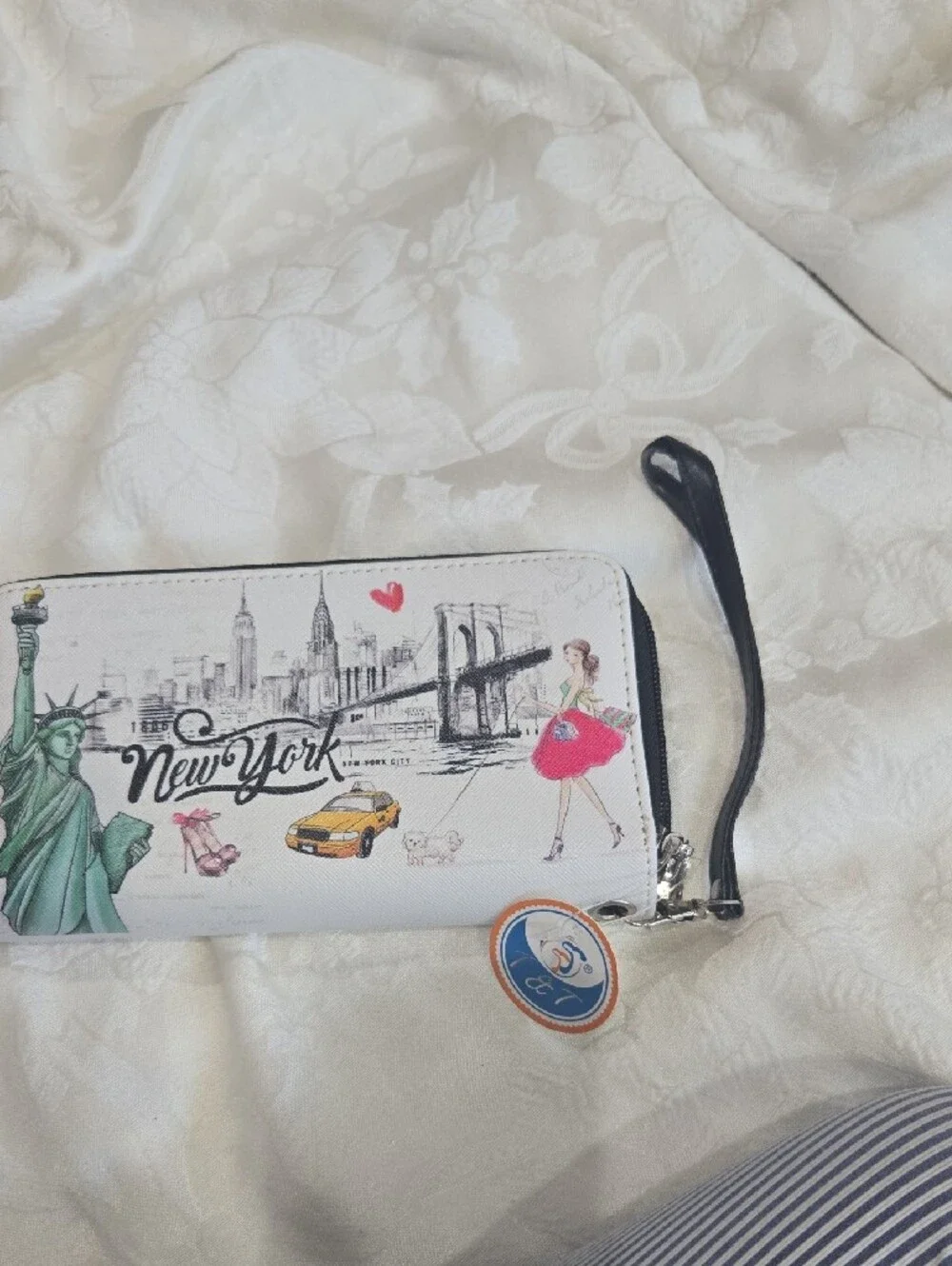 White New York Printed Zip-Around Wristlet Wallet